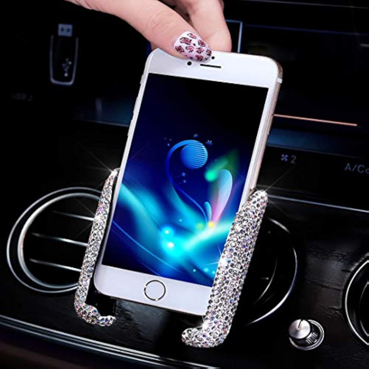 Bling Car Phone Holder Mini Dash Air Vent Automatic Phone Mount Universal 360°Adjustable Crystal For Women And Girls (White)