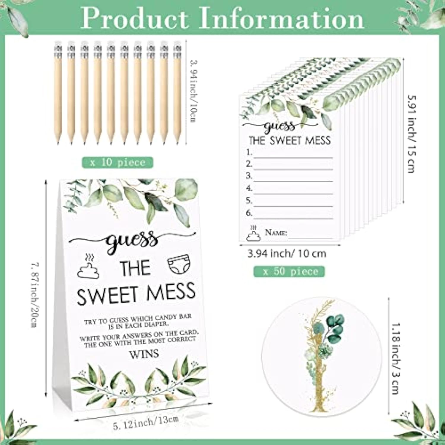 67 Pcs Guess The Sweet Mess Dirty Diaper Baby Shower Game Includes Guess The Sweet Mess Sign 50 Small Cards 10 Pencils And 6 Number Stickers For Baby Shower Game Gender Reveal Party(Leaves)