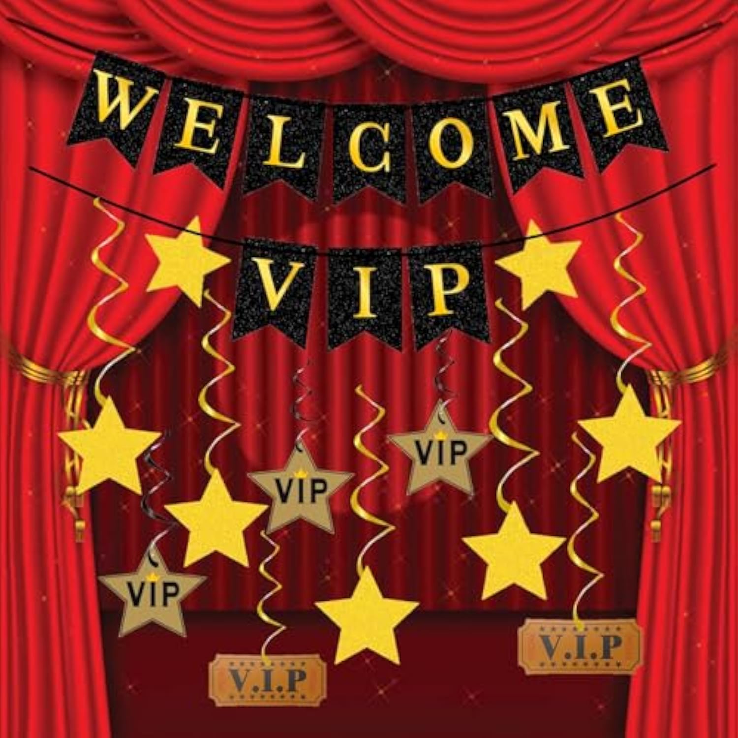 VIP Red Carpet Party Decorations Black Gold Banner Stars Hanging Swirls