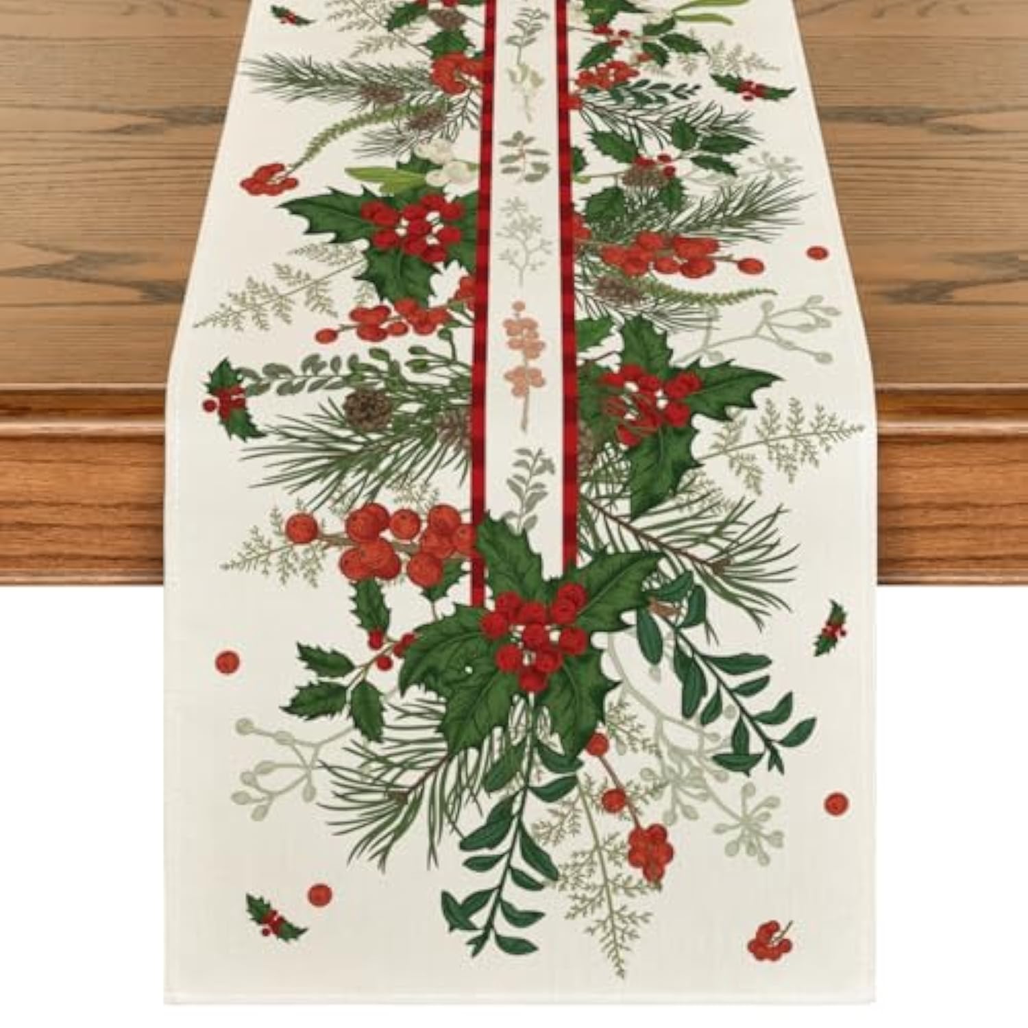 Holly Pine Cone Leaves Floral Christmas Table Runner, Seasonal Winter Kitchen Dining Table Decoration For Home Party Decor 13X72 Inch