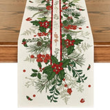 Holly Pine Cone Leaves Floral Christmas Table Runner, Seasonal Winter Kitchen Dining Table Decoration For Home Party Decor 13X72 Inch