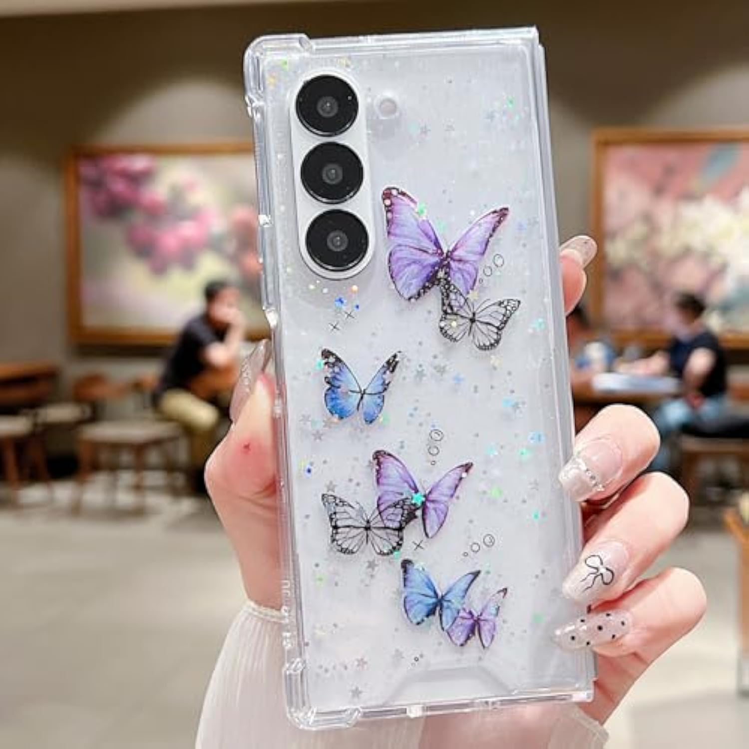 For Samsung Galaxy Z Fold 7 Clear Glitter Butterfly Case,Cute Bling Sparkle Shiny Stars Soft Tpu Silicone Four Corners Shockproof Women Girls Protective Phone Case For Galaxy Z Fold 7, Purple