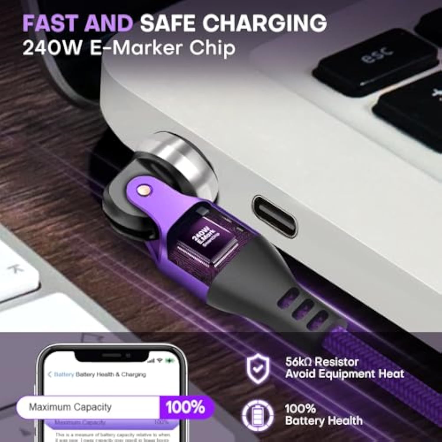 Usb C To C Charge Cable Pd 240W (2 Pack 10Ft) Usb2.0 480Mbps & Data Transfer Cable 180° & 360° Rotation Charge Cables Phone Charge Cord For Type C Devices (Purple)