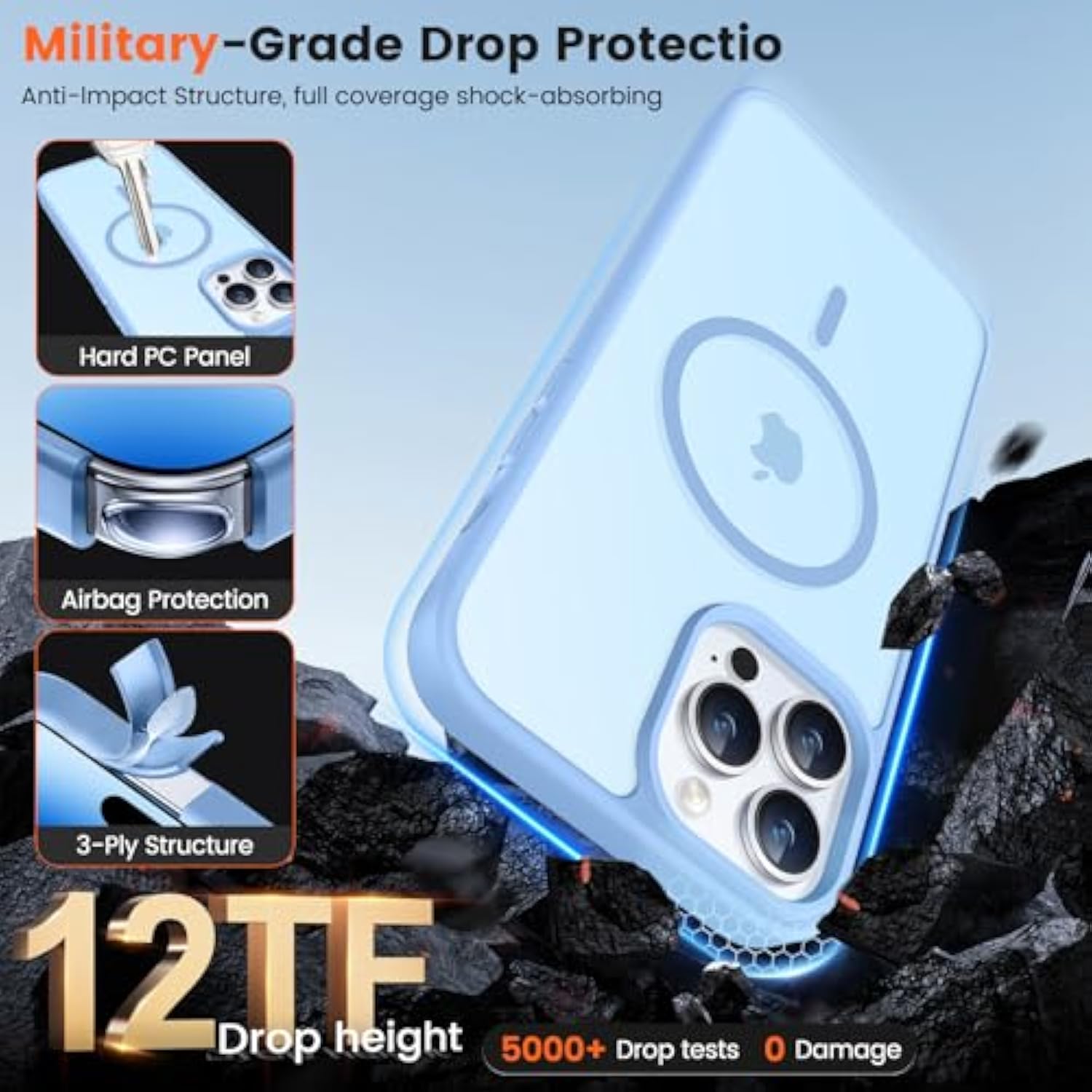 For Iphone 14 Pro Phone Case, Compatible With Magnetic, Military Grade Drop Protection Translucent Matte Shockproof Anti-Scratch/Anti-Fingerprint Case For Iphone 14 Pro (Azure Blue)