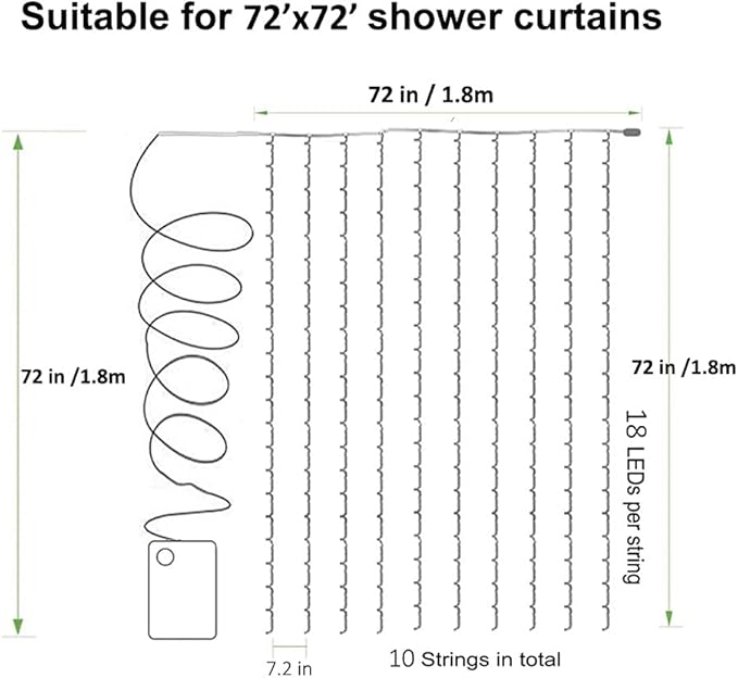 72x72 Inch Shower Curtain Fairy Lights 180 LED Battery Operated Waterproof Curtain String Lights with Hooks Indoor Outdoor Bathroom Bedroom Party Decor No Curtain Included