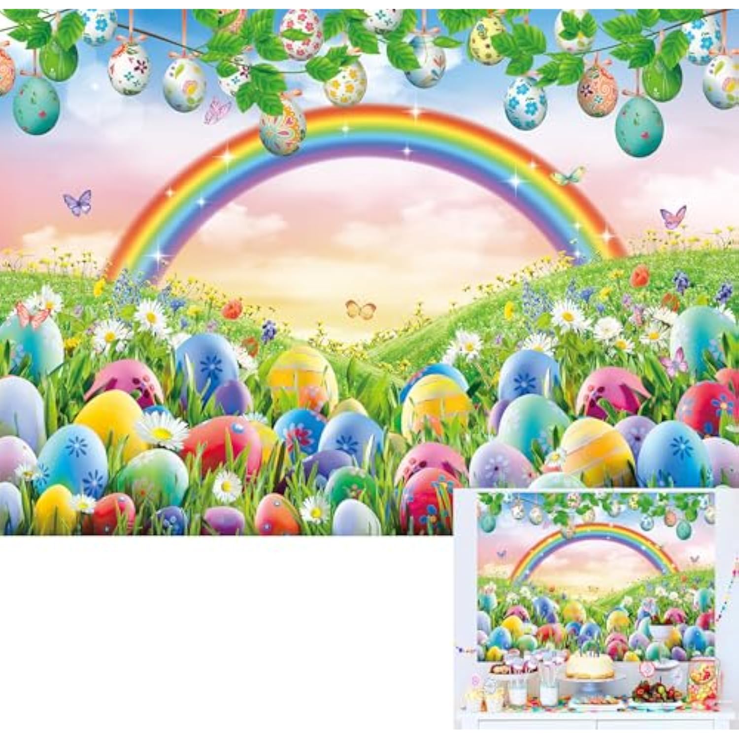 7X5Ft Spring Easter Backdrop Rainbow Meadow Flowers Colourful Eggs Photography Backgrounds Newborn Photography Backdrop Children'S Baby Birthday Party Decoration Banner