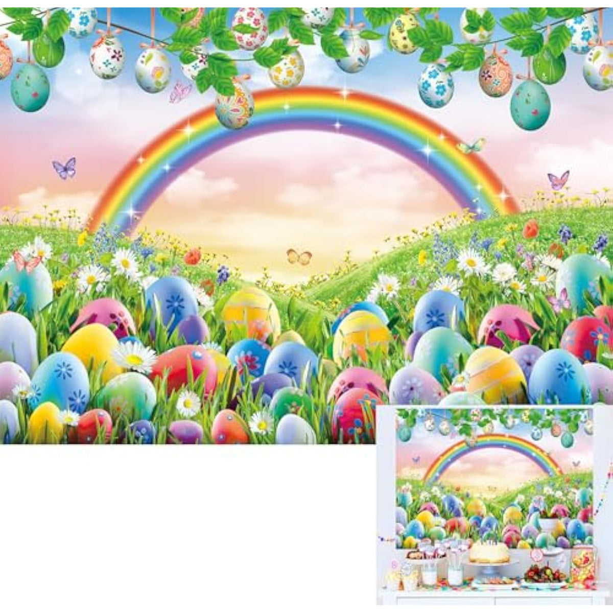 7X5Ft Spring Easter Backdrop Rainbow Meadow Flowers Colourful Eggs Photography Backgrounds Newborn Photography Backdrop Children'S Baby Birthday Party Decoration Banner
