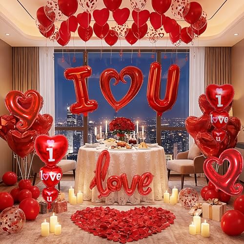 36in I Love You for Her/Him Balloons, 1126pcs Happy Anniversary Decorations with Red Heart Confetti Balloons Rose Petals, Heart Hanging for Valentines Anniversary Day Wedding Romantic Special Night