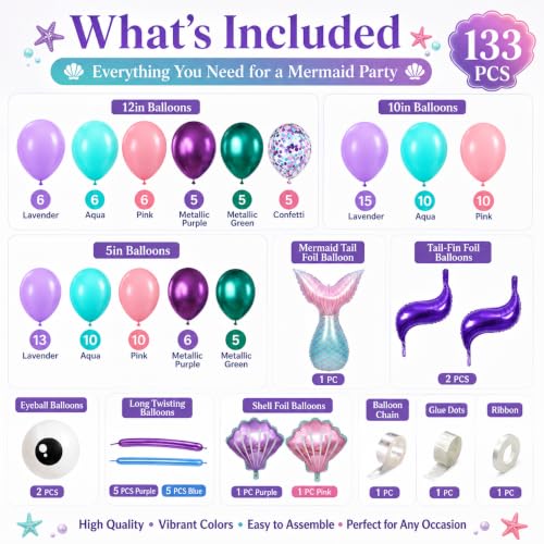 133PCS Mermaid Balloon Arch Kit for Mermaid Birthday Decorations