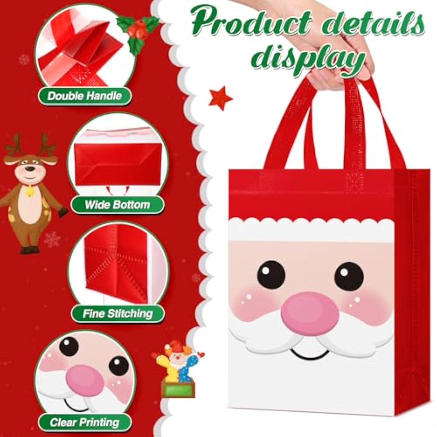 16 Pcs Christmas Gift Bags With Handles 10 X 8 X 4 Inch Reusable Multifunctional Non Woven Christmas Gift Doll Bags Wrapping Xmas Party Favors For Holiday Xmas Gifts
