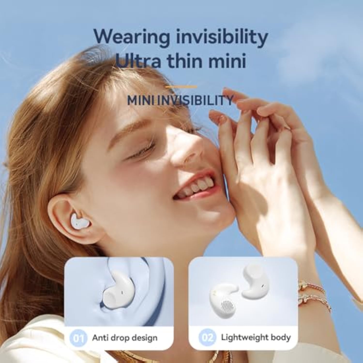 Sleep Earbuds Bluetooth In Ear Light-Weight Headphones, Mini Invisible Earplugs Small Design For Side Sleepers, 58H Playtime With Charging Case, Clear Calls& Noise Block, Off White