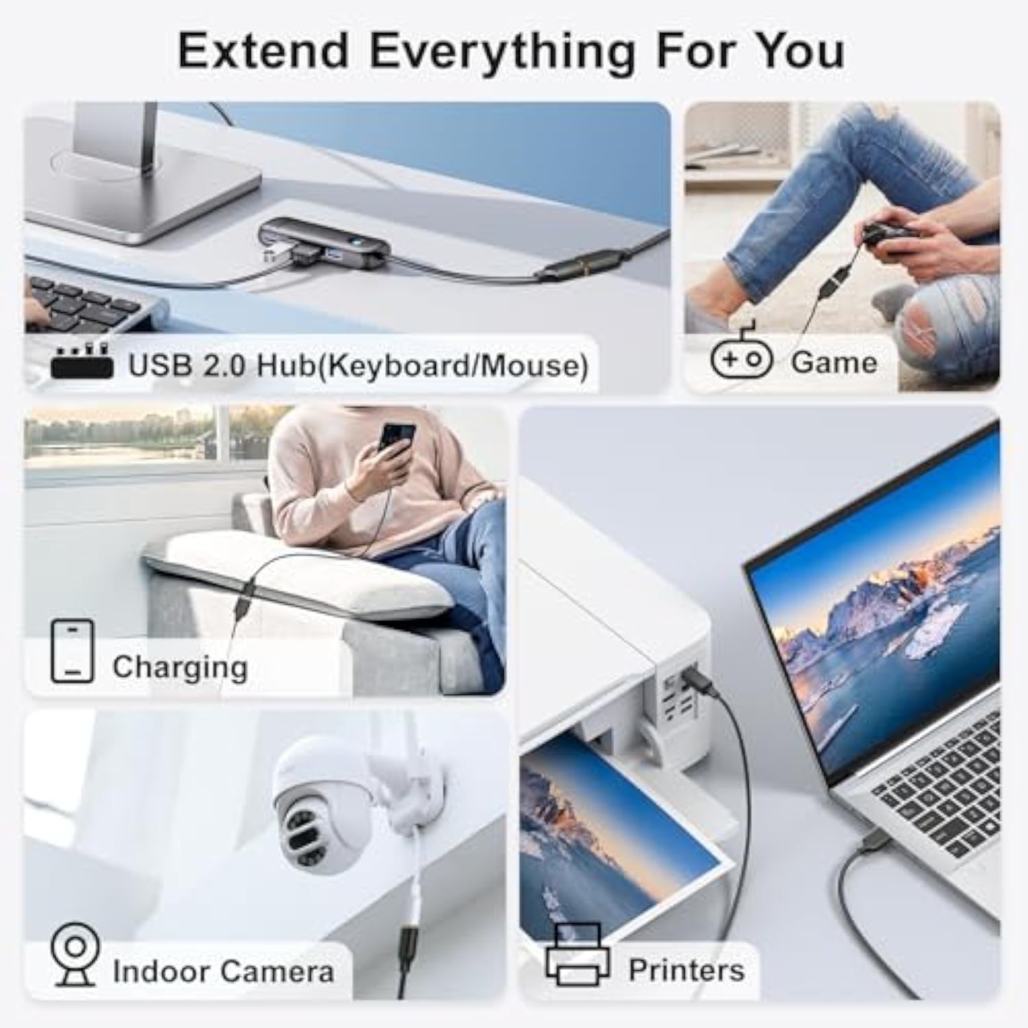 Usb Extension Cable, 10 Ft [5Pack] Extra Long Type A Male To Female Usb 2.0 Extender Cord Usb A Charging & Data Transfer For Keyboard, Mouse, Printer, Flash Drive, Phone, Led Lights-Black