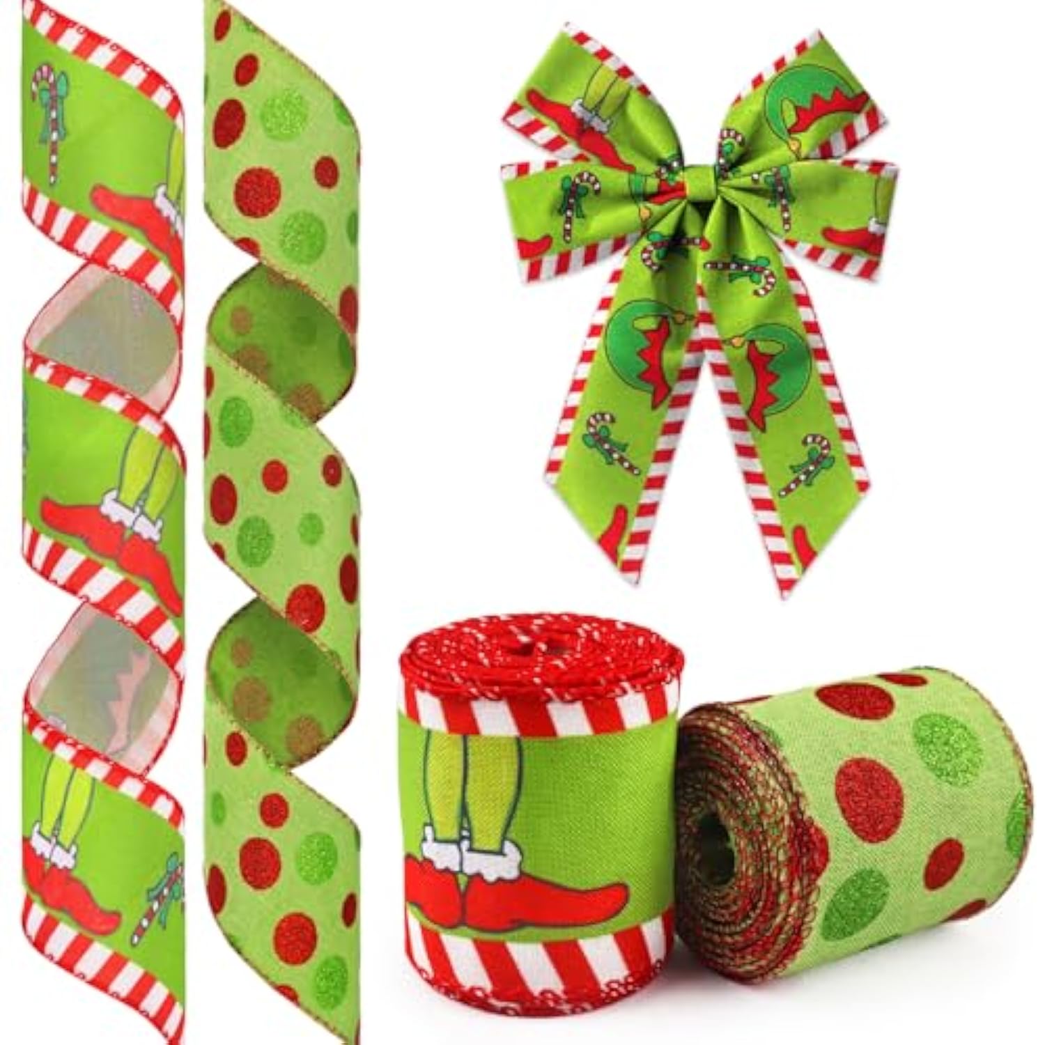 2 Rolls Christmas Ribbon For Wreath Bow Wrapping Gifts, Green Dots Monster Ribbon For Gift Wrapping Party Supplies Decoration Diy Crafts 2.5" X 10 Yard Wired Winter Christmas Wreath Ribbon
