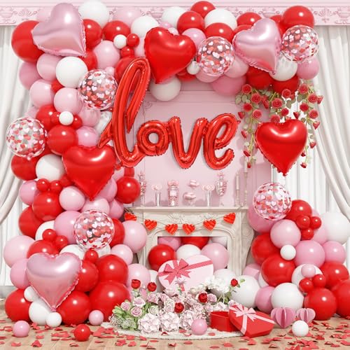 Pink Red White Balloons Arch Kit Mothers Day Balloon Garland Love Foil Balloons Red Pink Heart Shaped Balloon for Women Happy Mothers Day Best Mon Anniversary Sweet Valentine Day Romantic Decor