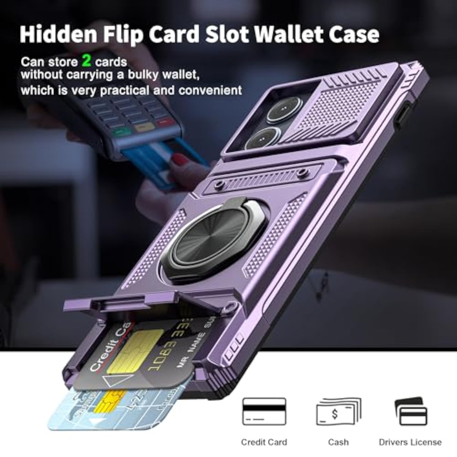 For Motorola Moto Edge 5G 2024 Case With Card Holder [Store 2 Cards] + 360° Rotated Ring Holder Kickstand Heavy Duty Shockproof Wallet Phone Case Cover For Motorola Edge 2024, Purple