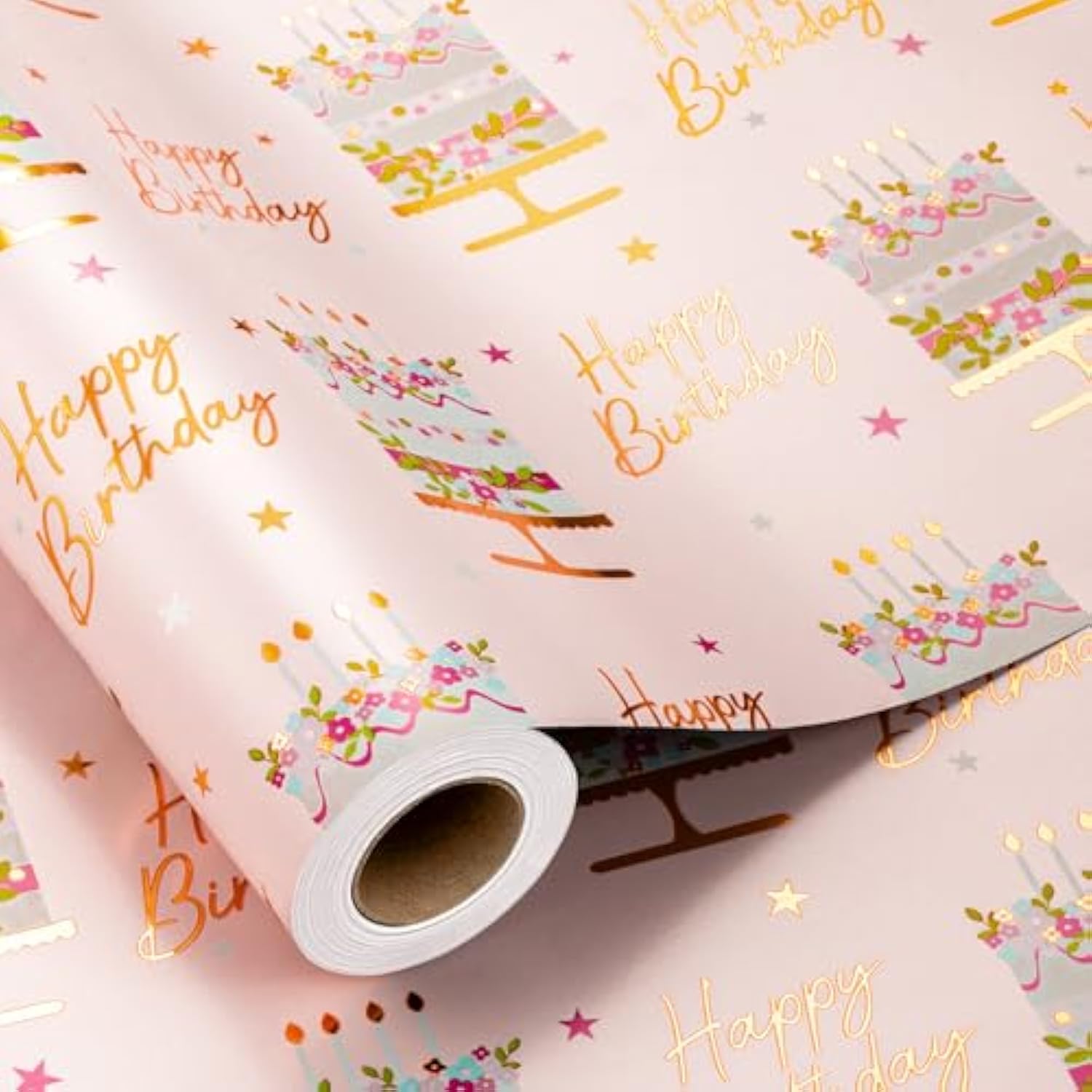 Birthday Cake Wrapping Paper Roll - 17 Inch X 33 Ft - Celebration Cake Design Paper Fun Candle Print W/Gold Shine Birthday Party Theme Gift Wrap Pastel For Wedding, Bridal Shower & Holiday