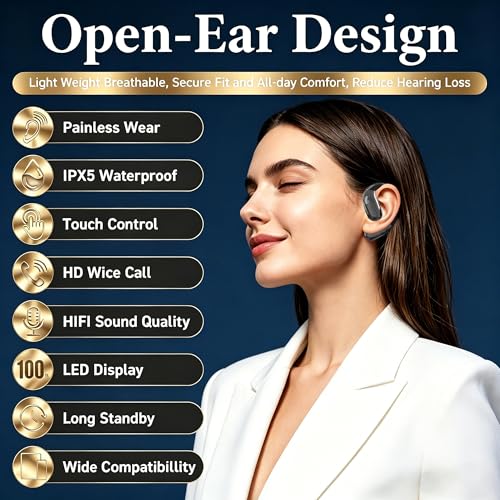 Open Ear Headphones, Wireless Headphones With Smart Digital Display & Mic, Open Ear Earbuds 35H Playtime, Sweat Resistant & Waterproof, Secure Comfortable Fit - Running, Sport, Driving, Daily (Black)