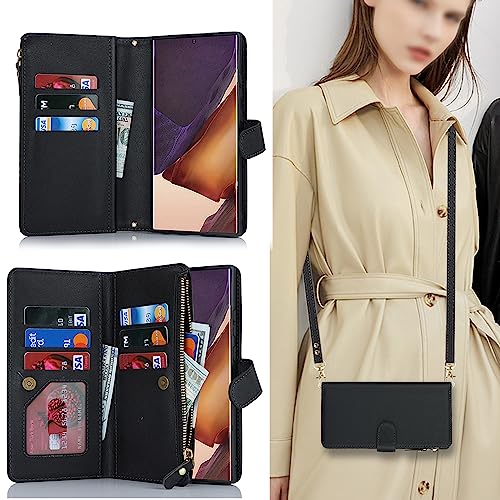 for  Galaxy Note 20 Ultra Wallet Case with Card Holder for Women, Crossbody Lanyard Strap Kickstand PU Leather Case with Zipper Pocket Credit