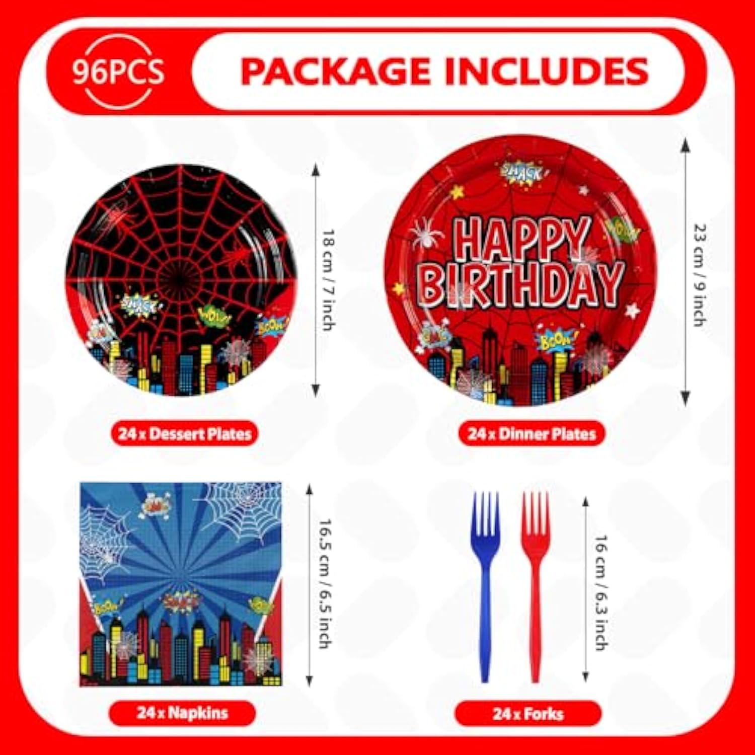 96Pcs Cartoon Spider Birthday Party Decorations Red Blue Spider Birthday Plates And Napkins Disposable Hero Paper Tableware Set For Kids Baby Shower Super Theme Party Supplies, Serves 24