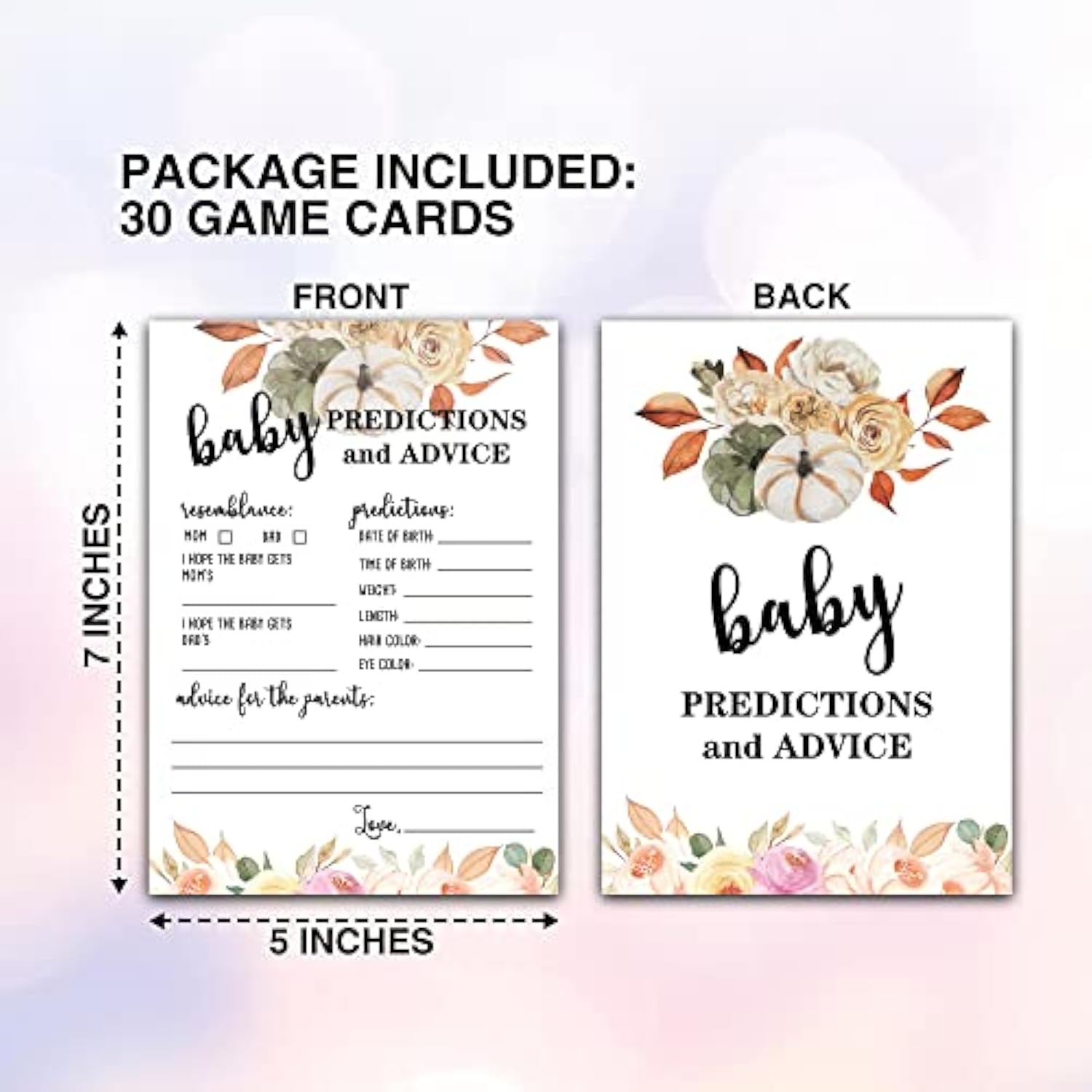 30 Double Side Baby Prediction And Advice Game Cards, Floral Pumpkin Thanksgiving Day Baby Shower Game Cards - 5" X 7"(01)