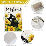 Welcome Summer Cute Black Cat Garden Flag 12X18 Double Sided Burlap, Spring Sunflower Bee Yard Banner For Rustic Seasonal Outdoor Decoration (Only Flag)