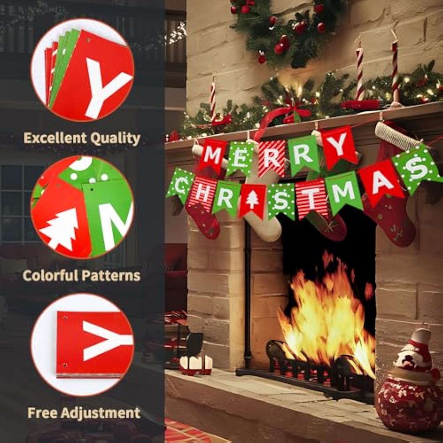Merry Christmas Banner, Red Green Xmas Decorations Paper Banner Sign With String For Fireplace/Wall/Window, Christmas Home Office Decor Banners, Christmas Party Banner For Holiday Decoration