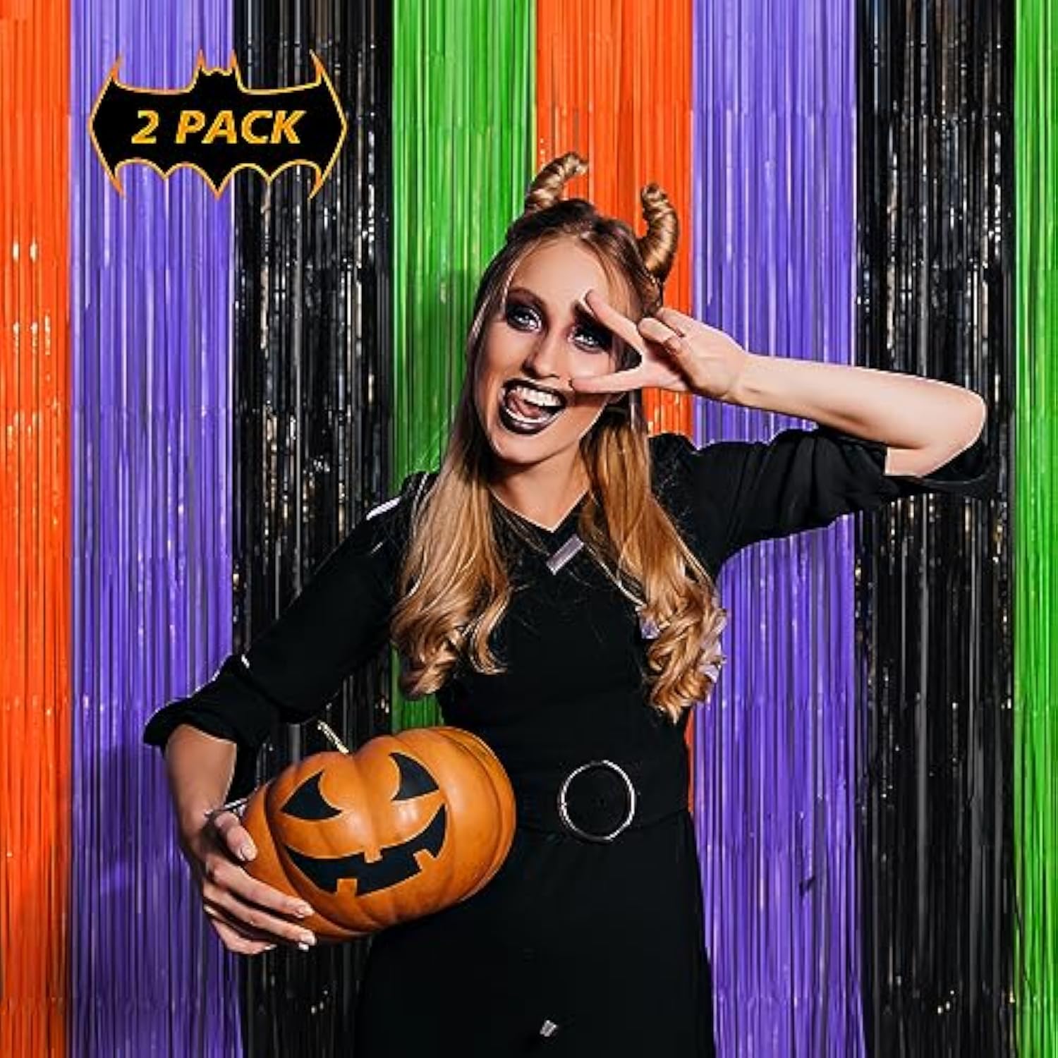 Pack of 2 Halloween Foil Fringe Curtains Backdrop Orange Purple Black Green with Bats