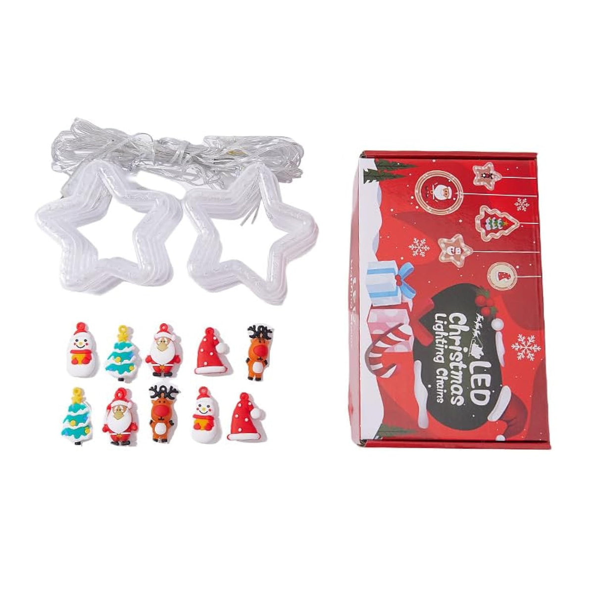 100L Christmas Star Curtain Lights With Decorative Ornaments - 10 Star Hanging Loop Lights, 0.4/0.6M Height, 2M Power Co