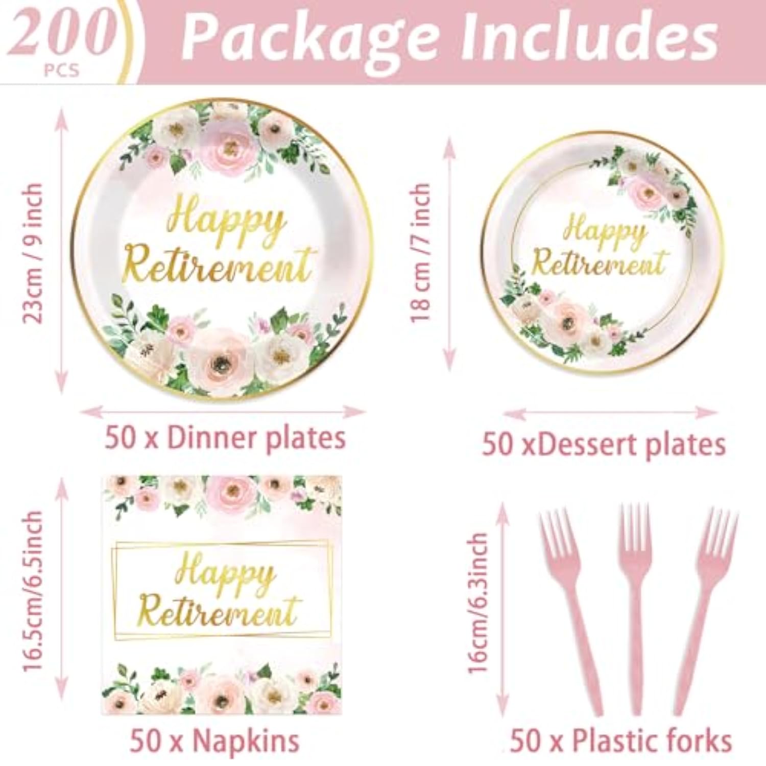 200Pcs Flower Retirement Party Decor For Women White Peony Happy Retirement Plates Tableware Pink Gold Floral Retirement Dinnerware Napkin For Goodbye Going Away Farewell Party Supplies 50 Guests