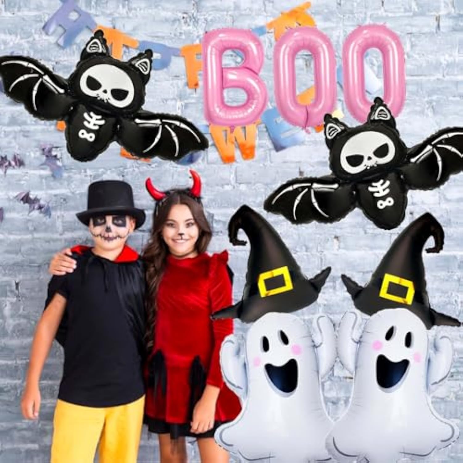 Pink Halloween Balloon Set: BOO Ghost, Bat, Witch Hat Foil Decor