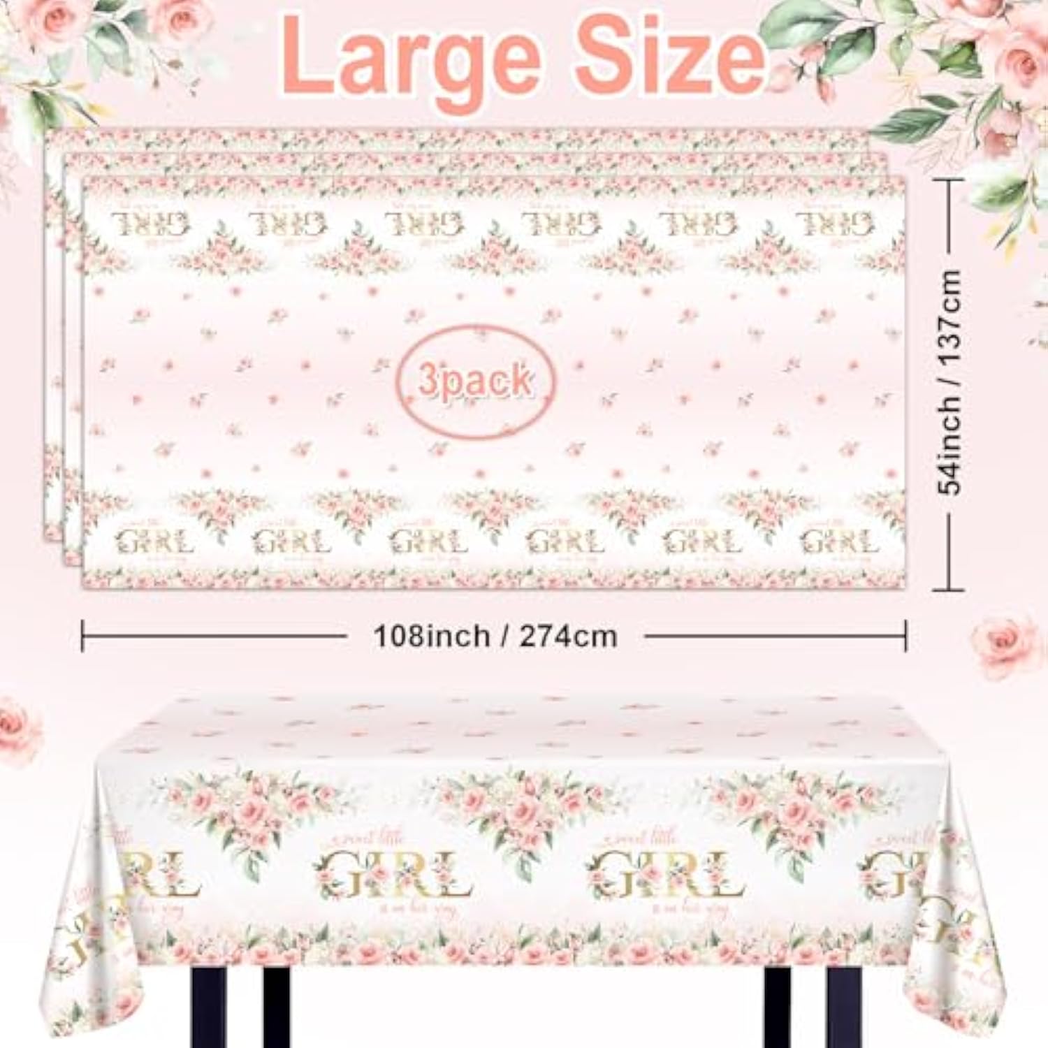 3 Pcs Girl Baby Shower Tablecloth 108X54 Inch Pink Floral Baby Shower Party Tablecovers Disposable A Sweet Little Girl Is On Her Way Table Cloth Plastic