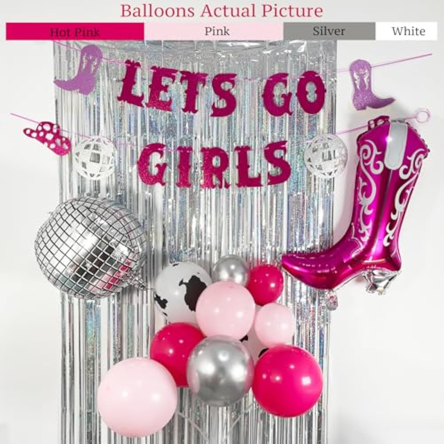 Last Rodeo Bachelorette Party Decoration Pink & Silver Disco Cowgirl Boot Cow Print Balloon Arch, Let'S Go Girls Banner Photo Backdrop For Last Hoe Down Bridal Shower, Western Birthday?Nashville Decor