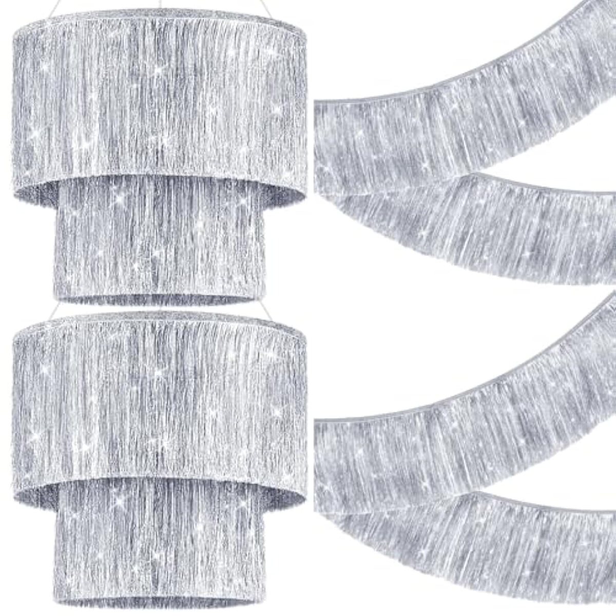 4 Pcs 2 Tier Iridescent Fringe Tinsel Chandelier 5 Ft Iridescent Fringe Banner Shimmering Foil Party Disco Ball Decor Shiny Ceiling Banner For Wedding Birthday 1920S Themed Parties(Silver)