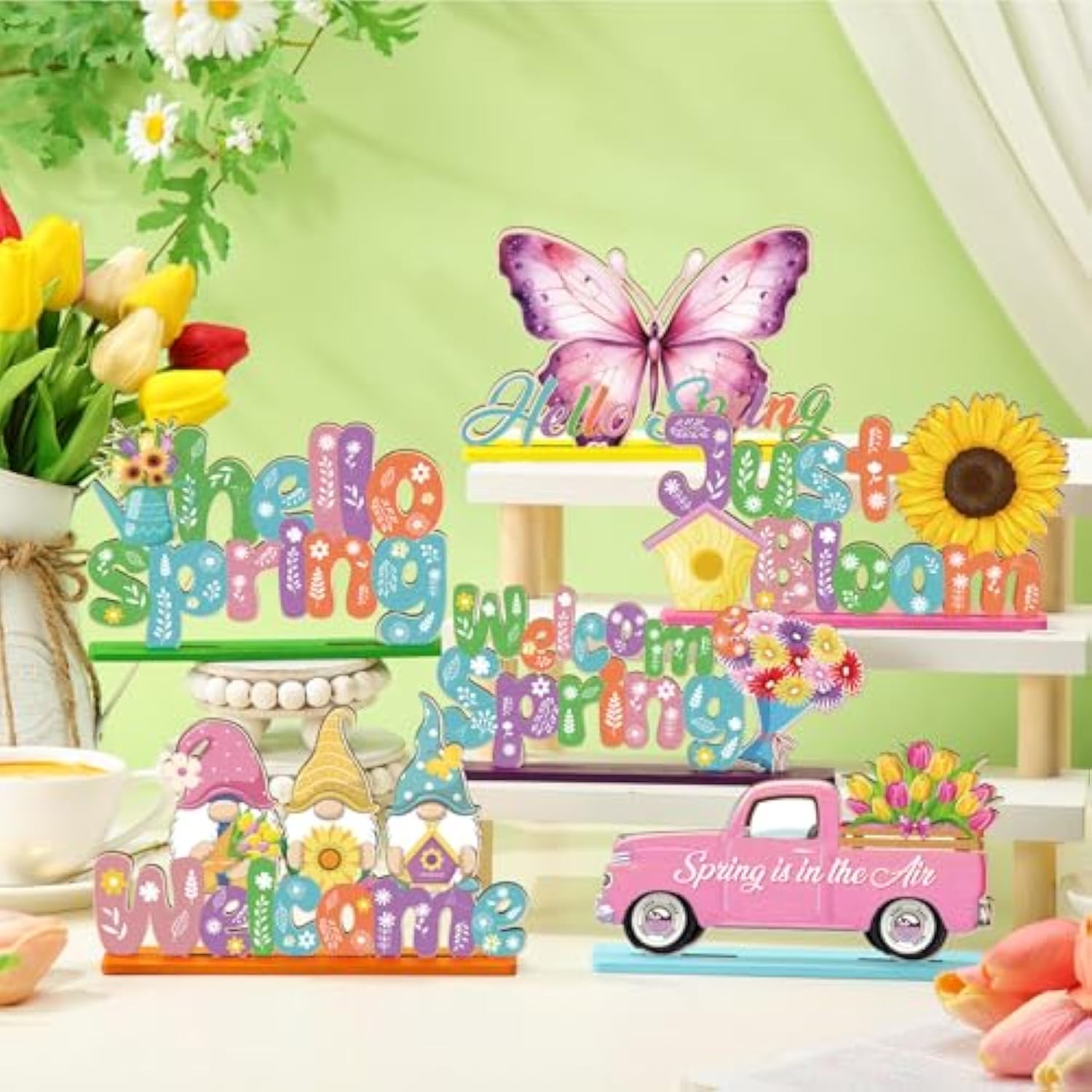 6 Pcs Spring Wooden Table Centerpiece Hello Spring Wooden Table Sign Flower Gnome Truck Butterfly Signs Farmhouse Wood Tabletop Decor For Home Party, 6 Styles