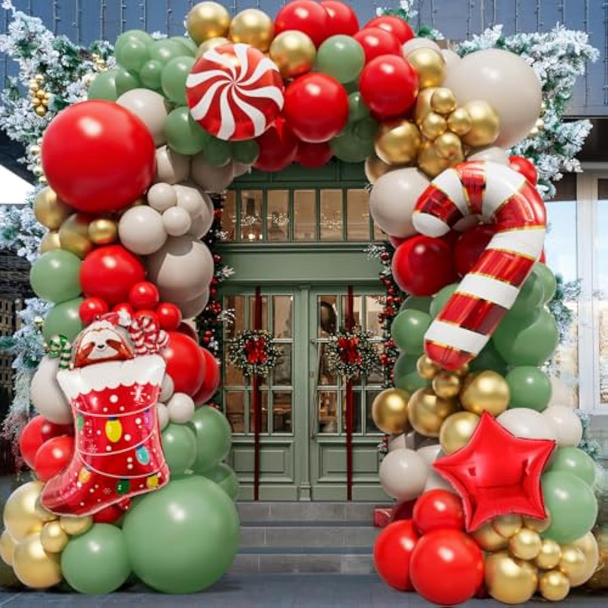 Christmas Balloon Arch Garland Kit 159Pcs Red Sage Green Gold Balloons With Candy Cane Swirl Christmas Stocking Foil Balloons Friendsmas Santa Ugly Sweater Party Decorations
