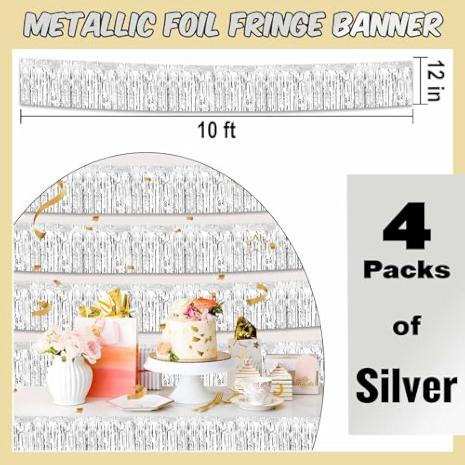 4 Pack 10 Ft Silver Foil Fringe Garland Metallic Streamers Tinsel Banner Wall Hanging Garland Backdrop For Parade Floats, Halloween, Christmas, Thanksgiving, New Year Party Decorations