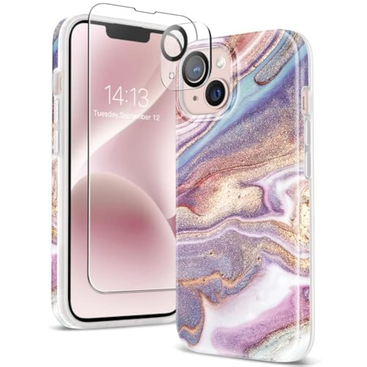 For Iphone 15 Pro Max Case 6.7", Screen Protector+Camera Lens Protector, Shockproof Drop Protection, Marble Design Slim Soft Tpu For Iphone 15 Promax Women Phone Cover (Pearlescent/Gold)