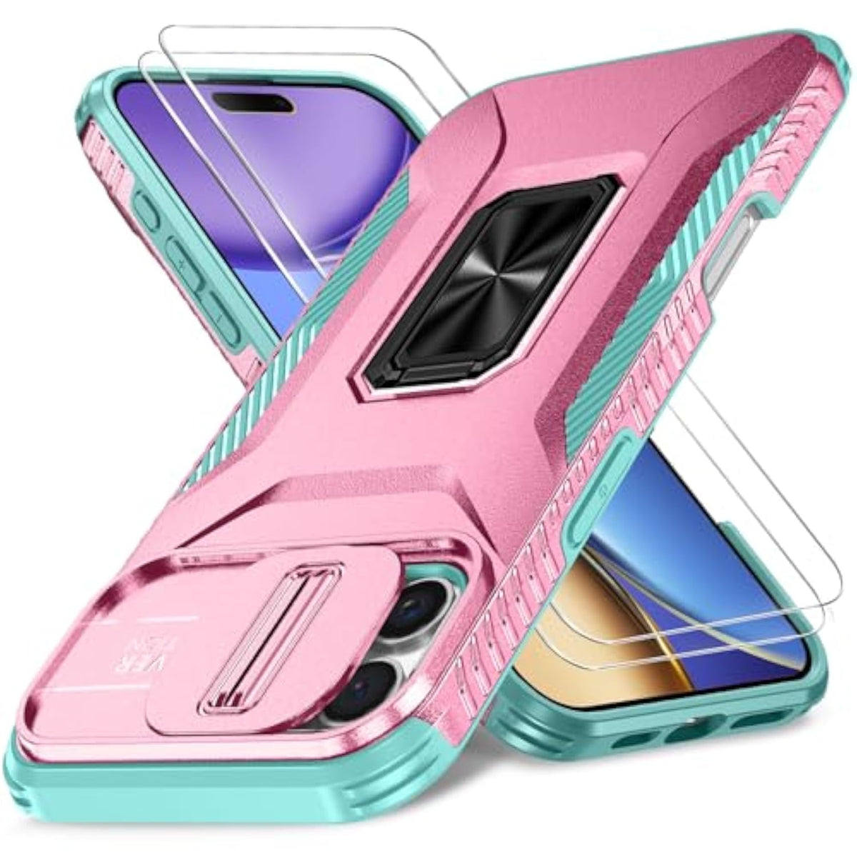Case For Iphone 15 Pro Max With Slide Camera Cover+Screen Protector(2 Packs), Military Grade Shockproof Protective Cover, Rotated Ring Kickstand(A - Pink+Celadon)