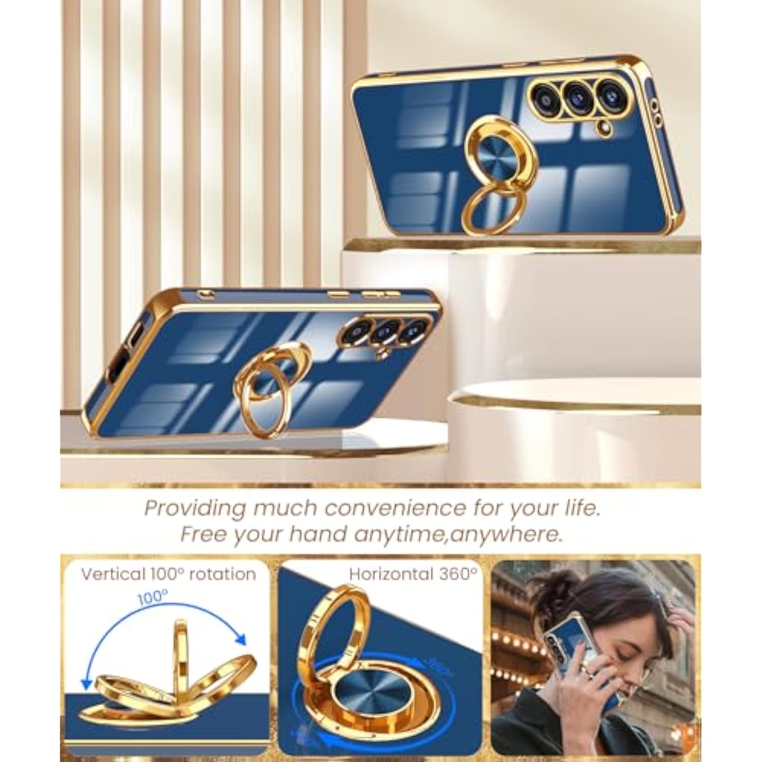 For Samsung Galaxy S24 Fe 5G Case, 2X Tempered Glass Screen Protector, 360° Rotatable Ring Holder Magnetic Kickstand,Plated Gold Edge Slim Soft Tpu Protective Cover For S24 Fe (Blue)