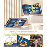 For Samsung Galaxy S24 Fe 5G Case, 2X Tempered Glass Screen Protector, 360° Rotatable Ring Holder Magnetic Kickstand,Plated Gold Edge Slim Soft Tpu Protective Cover For S24 Fe (Blue)