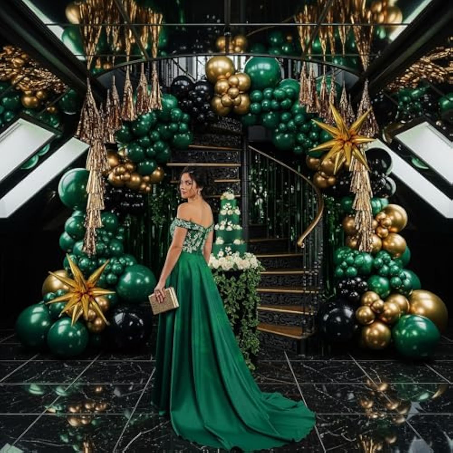 Emerald Green And Gold Black New Year Balloon Garland Arch Kit Luxury Double Stuffed Dark Green Teal With Starburst Balloons For Happy Grad Decorations 2025