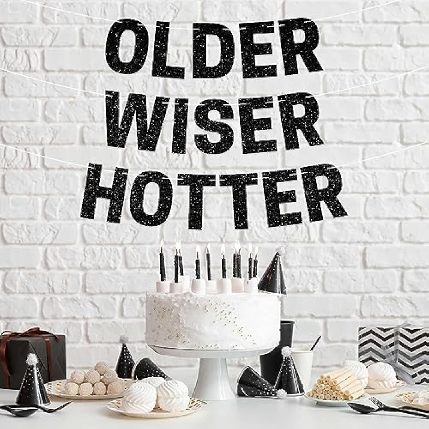 Pre-Strung Older Wiser Hotter Banner - No Diy - Black Glitter Happy Birthday Party Banner - Pre-Strung Garland On 8 Ft Strands. Black Birthday Party Decorations For Men & Women. Did We Mention No Diy