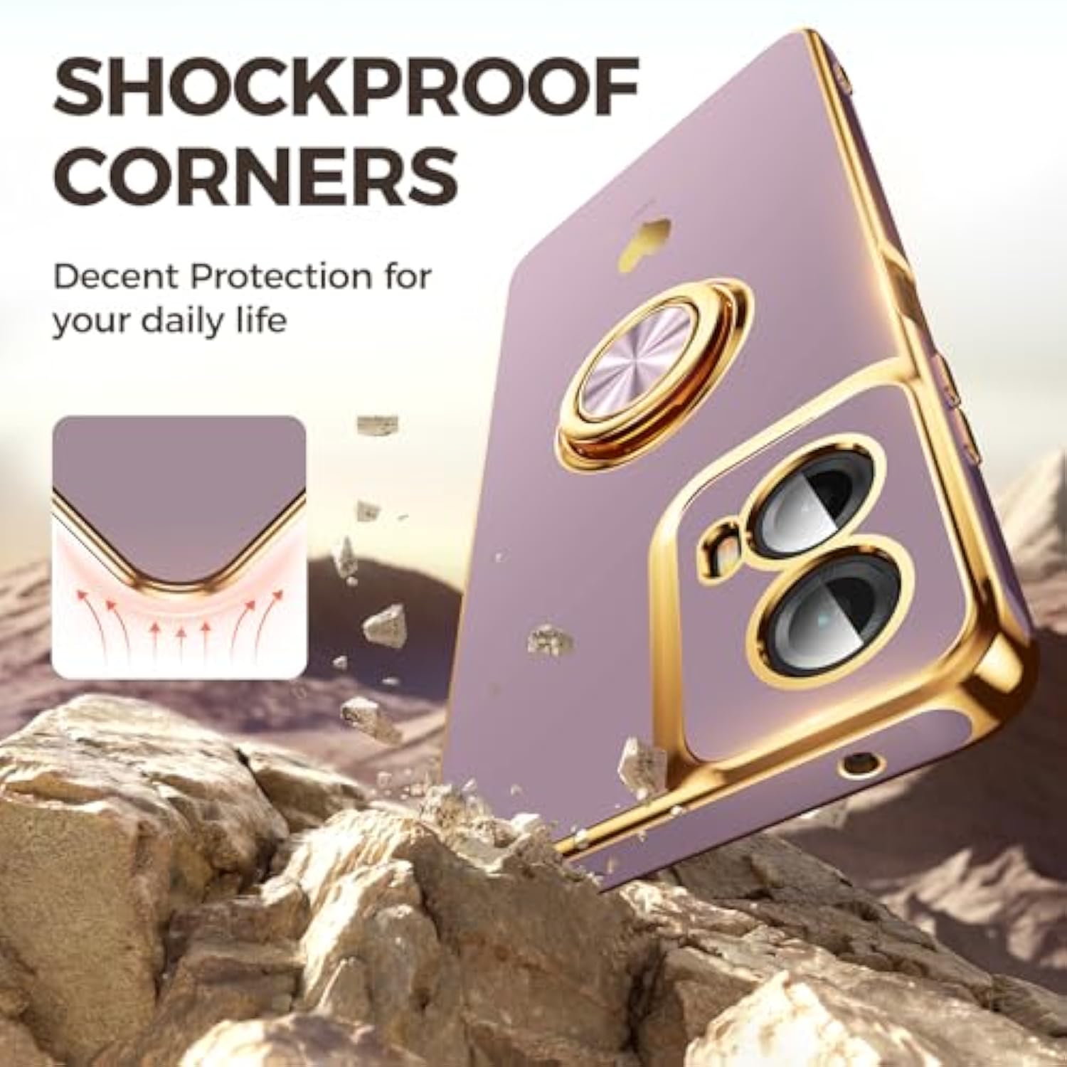 For Moto G Play 2024 Case With 2 Pack Screen Protector, 360° Rotatable Ring Holder [Luxury Hearts Pattern] Plating Gold Edge Slim Soft Phone Case For Moto G Play 4G 2024 - Light Purple