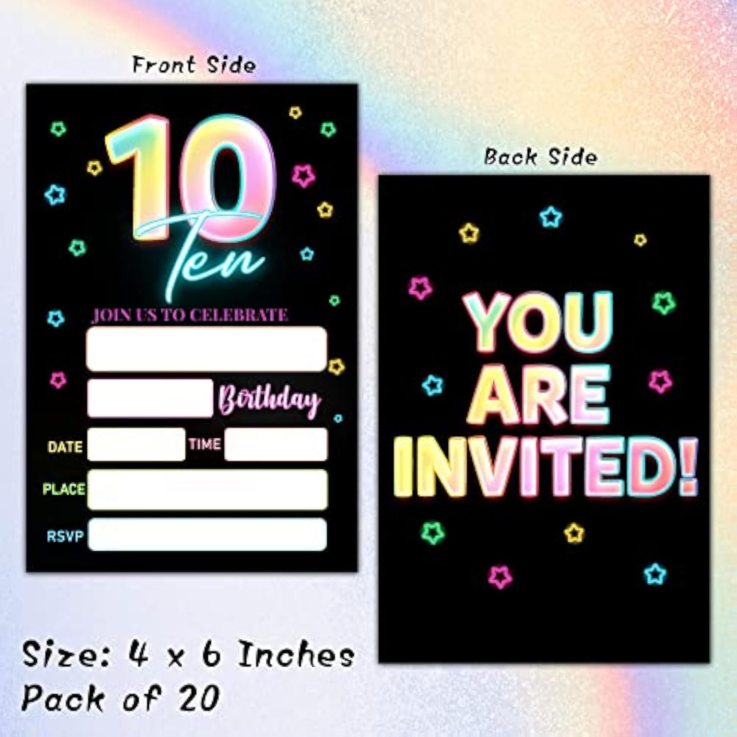 10Th Birthday Invitations With Envelopes - Glow Party Invitation Card For Girls/Boys - 5"X7" Fill-In Invites Cards - Neon Rainbow Party Supplies Decorations (20 Pack)-17
