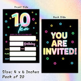 10Th Birthday Invitations With Envelopes - Glow Party Invitation Card For Girls/Boys - 5"X7" Fill-In Invites Cards - Neon Rainbow Party Supplies Decorations (20 Pack)-17