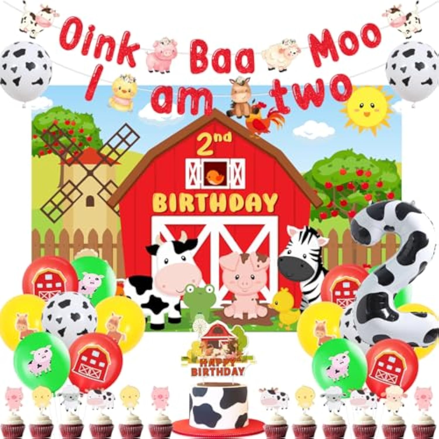 Farm Animal 2Nd Birthday Party Decorations, Oink Baa Moo I Am Two Party Decorations Backdrop Banner Cake Cupcake Topper Cow Print Number 2 Foil Balloon For Boy Girl 2 Year Old Birthday