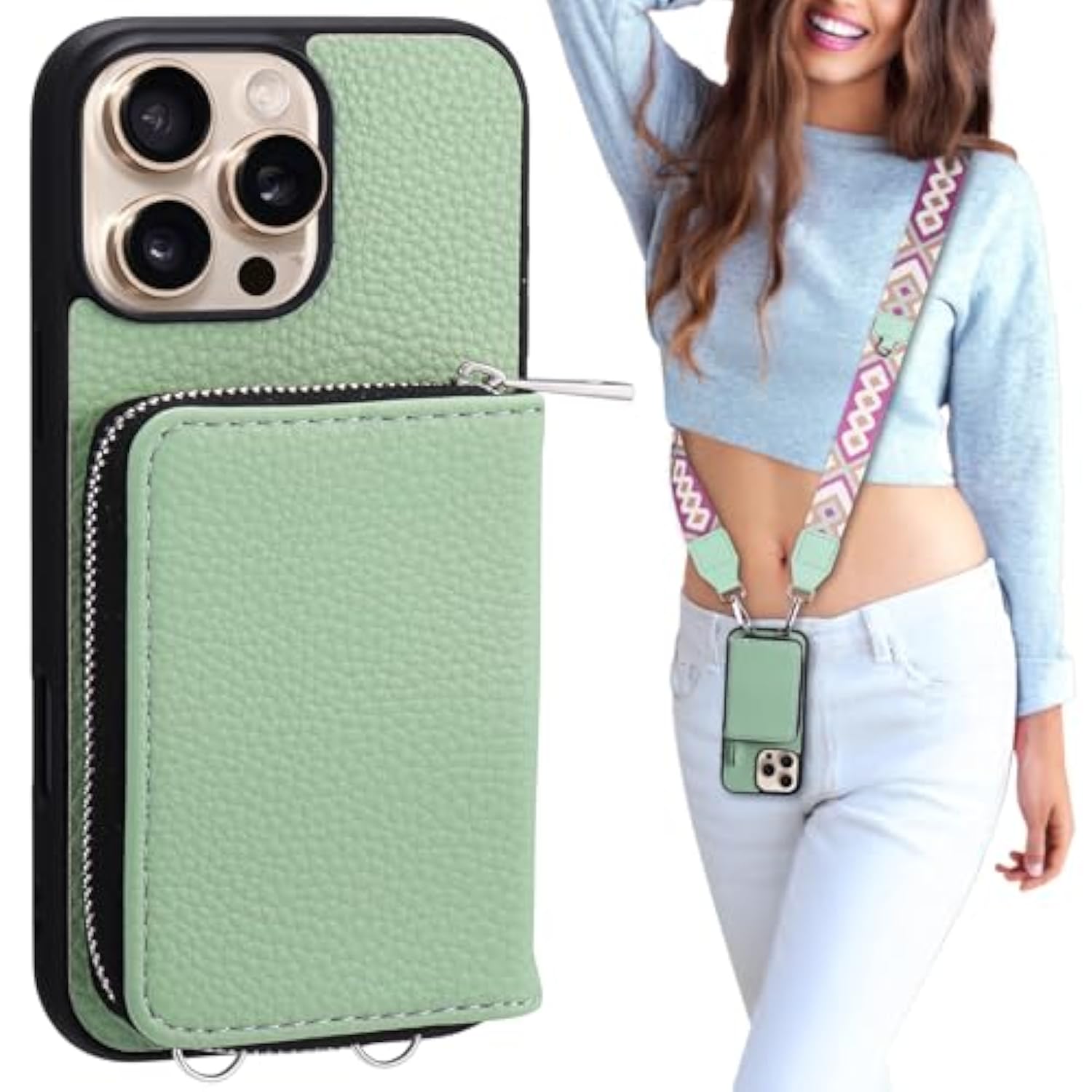 Wallet Case For Iphone 16 Pro, Rfid Blocking Pu Leather Crossbody Phone Purse With Card Holder, Zipper Pocket, Wrist Strap & Adjustable Lanyard For Women 6.3" 5G, Green