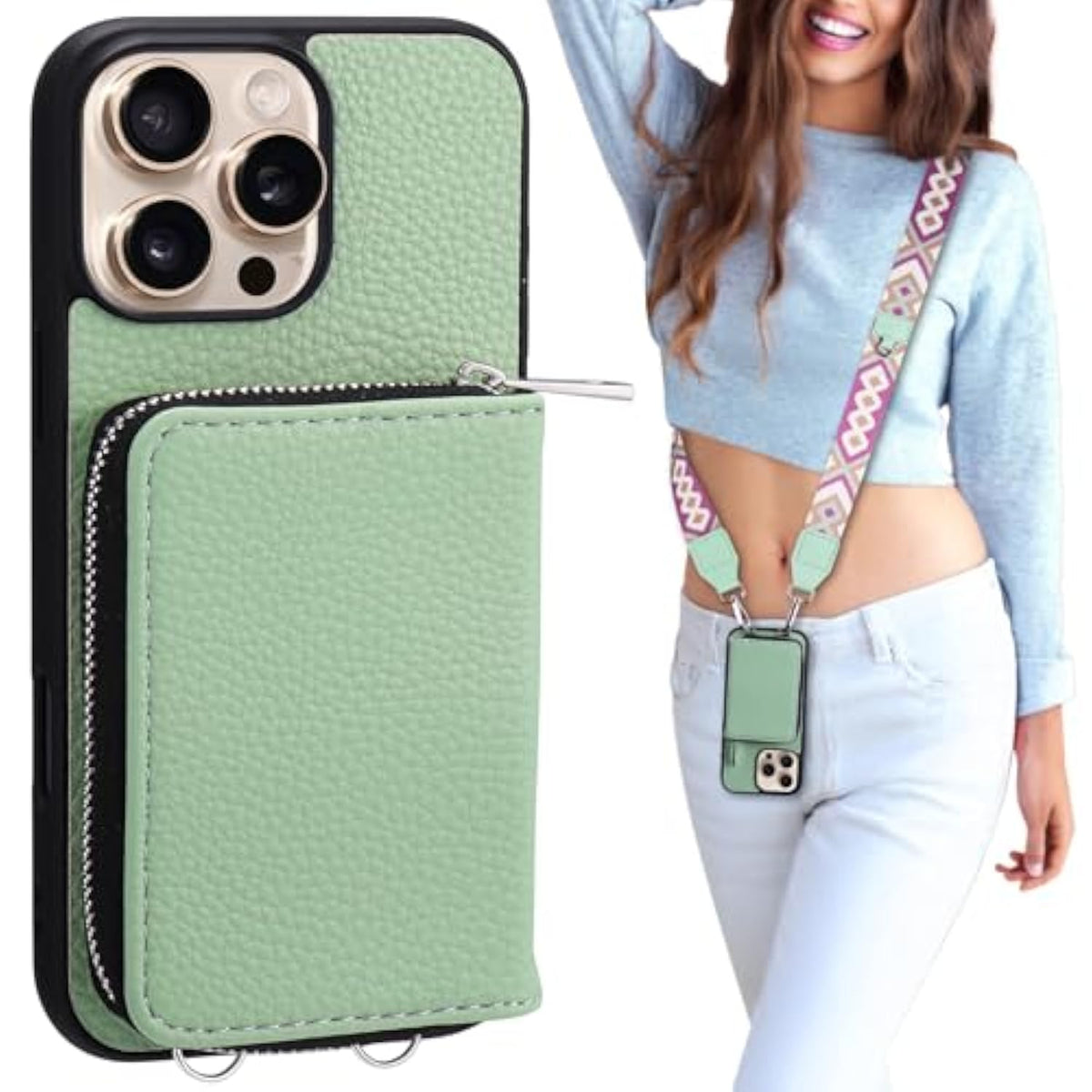 Wallet Case For Iphone 16 Pro, Rfid Blocking Pu Leather Crossbody Phone Purse With Card Holder, Zipper Pocket, Wrist Strap & Adjustable Lanyard For Women 6.3" 5G, Green