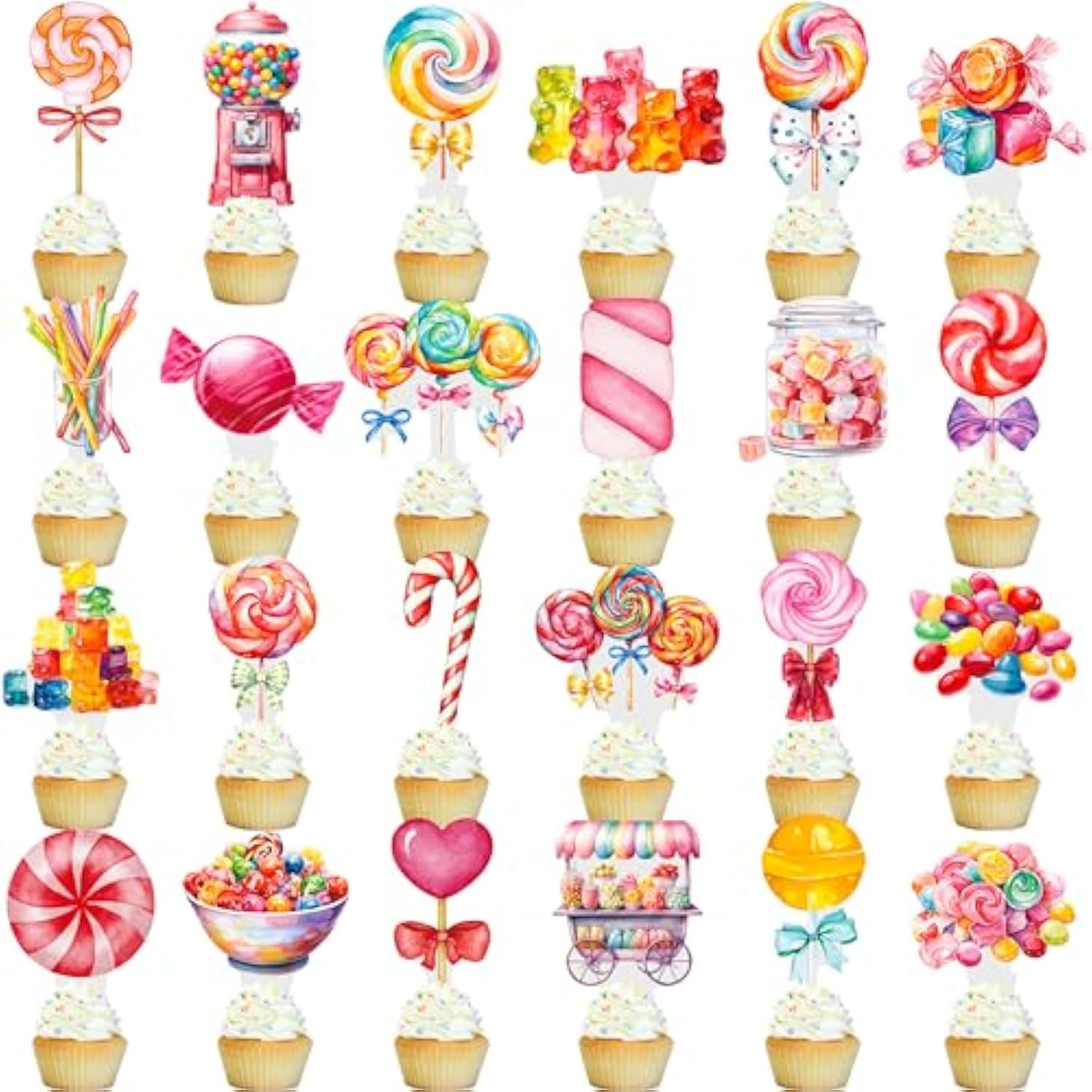 48Pcs Lollipop Cupcake Toppers Candyland Party Decorations Candyland Lollipop Cupcake Decorations Sweet Candy Cake Topper For Candyland Themed Birthday Baby Shower Supplies