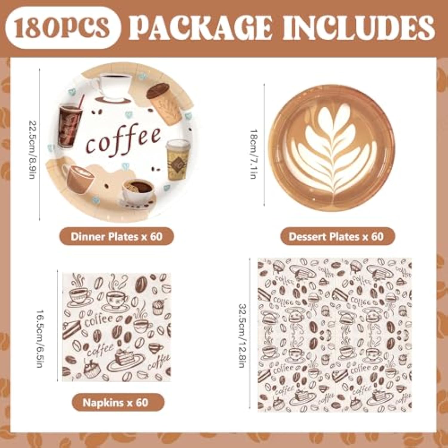 180Pcs Coffee Party Supplies Serves 60,Fun Coffee Cup Theme Paper Plates And Napkins Set For Baby Shower Birthday Party Decorations